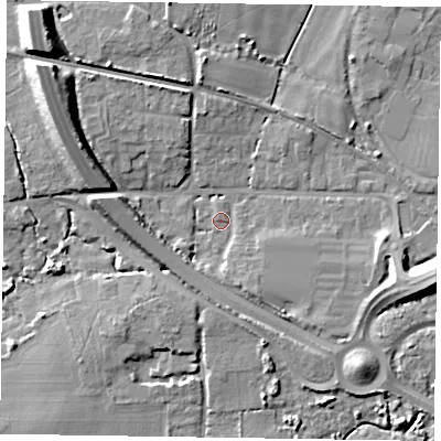 Shaded relief map of the ground around PO193RW, computed from Environment Agency LiDAR. The ground here sits at about 5 m above sea level and falls 12 m across the surrounding 800 m. Surface water reaching this point runs off ground lying to the east-south-east, 8.4 m higher.