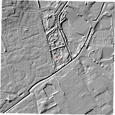 Shaded relief map of the ground around PO196EX, computed from Environment Agency LiDAR. The ground here sits at about 17 m above sea level and falls 13 m across the surrounding 800 m. Surface water reaching this point runs off ground lying to the north-west, 10.3 m higher.