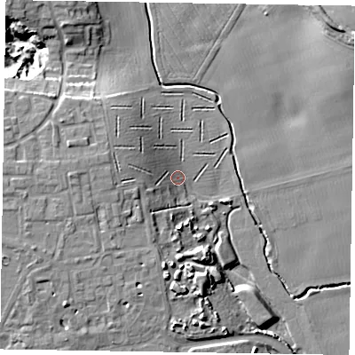 Shaded relief map of the ground around PO196FB, computed from Environment Agency LiDAR. The ground here sits at about 24 m above sea level and falls 14 m across the surrounding 800 m. Surface water reaching this point runs off ground lying to the west, 8.4 m higher.