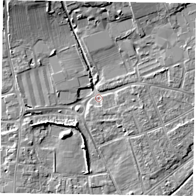 Shaded relief map of the ground around PO196XD, computed from Environment Agency LiDAR. The ground here sits at about 14 m above sea level and falls 10 m across the surrounding 800 m. Surface water reaching this point runs off ground lying to the south-west, 4.5 m higher.