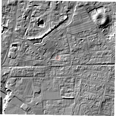 Shaded relief map of the ground around PO197AA, computed from Environment Agency LiDAR. The ground here sits at about 11 m above sea level and falls 11 m across the surrounding 800 m. Surface water reaching this point runs off ground lying to the north-north-east, 3.3 m higher.