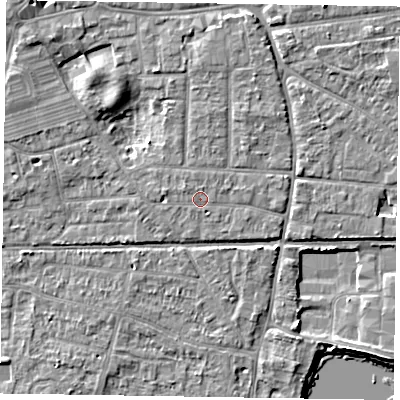 Shaded relief map of the ground around PO197AF, computed from Environment Agency LiDAR. The ground here sits at about 13 m above sea level and falls 7 m across the surrounding 800 m. Surface water reaching this point runs off ground lying to the north-west, 0.7 m higher.