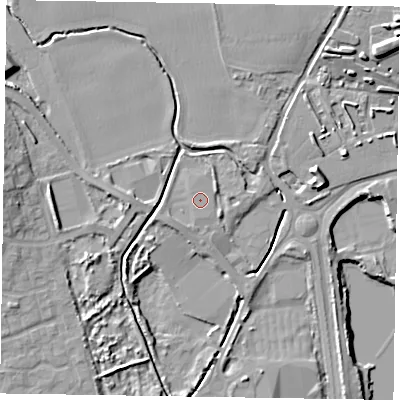 Shaded relief map of the ground around PO197AG, computed from Environment Agency LiDAR. The ground here sits at about 20 m above sea level and falls 16 m across the surrounding 800 m. The ground contributing surface water to this point lies to the north-west.