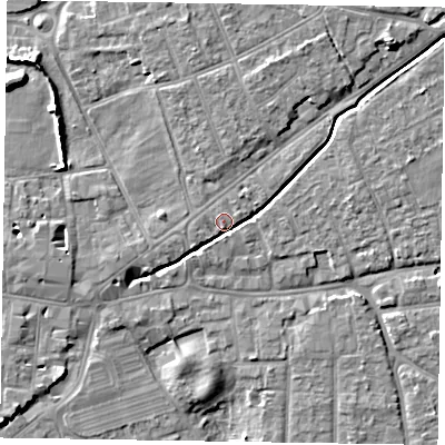 Shaded relief map of the ground around PO197AJ, computed from Environment Agency LiDAR. The ground here sits at about 15 m above sea level and falls 9 m across the surrounding 800 m. Surface water reaching this point runs off ground lying to the north-east, 6.2 m higher.
