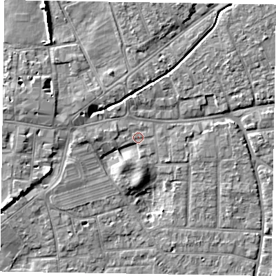 Shaded relief map of the ground around PO197AP, computed from Environment Agency LiDAR. The ground here sits at about 13 m above sea level and falls 7 m across the surrounding 800 m. Surface water reaching this point runs off ground lying to the north-east, 4.3 m higher.
