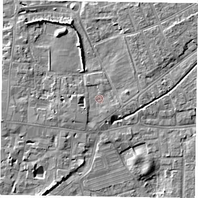 Shaded relief map of the ground around PO197BA, computed from Environment Agency LiDAR. The ground here sits at about 14 m above sea level and falls 8 m across the surrounding 800 m. Surface water reaching this point runs off ground lying to the north-east, 4.1 m higher.