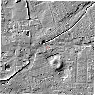 Shaded relief map of the ground around PO197BB, computed from Environment Agency LiDAR. The ground here sits at about 13 m above sea level and falls 8 m across the surrounding 800 m. Surface water reaching this point runs off ground lying to the east-north-east, 4.2 m higher.