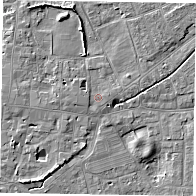 Shaded relief map of the ground around PO197BG, computed from Environment Agency LiDAR. The ground here sits at about 14 m above sea level and falls 8 m across the surrounding 800 m. Surface water reaching this point runs off ground lying to the north-east, 3.7 m higher.