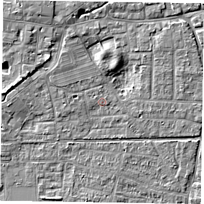 Shaded relief map of the ground around PO197BU, computed from Environment Agency LiDAR. The ground here sits at about 13 m above sea level and falls 7 m across the surrounding 800 m. Surface water reaching this point runs off ground lying to the north-west, 0.9 m higher.