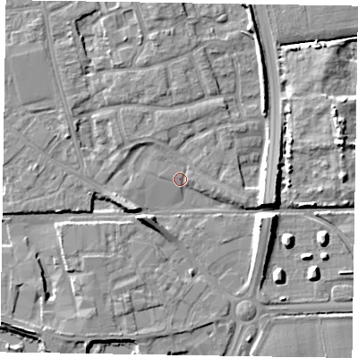 Shaded relief map of the ground around PO197BZ, computed from Environment Agency LiDAR. The ground here sits at about 13 m above sea level and falls 10 m across the surrounding 800 m. Surface water reaching this point runs off ground lying to the east-north-east, 7.2 m higher.