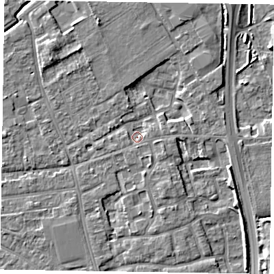 Shaded relief map of the ground around PO197DA, computed from Environment Agency LiDAR. The ground here sits at about 15 m above sea level and falls 6 m across the surrounding 800 m. Surface water reaching this point runs off ground lying to the north-north-east, 4.8 m higher.