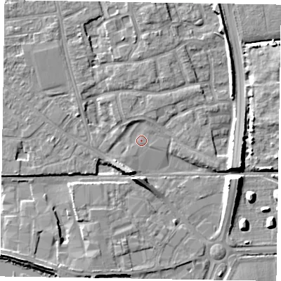 Shaded relief map of the ground around PO197DD, computed from Environment Agency LiDAR. The ground here sits at about 13 m above sea level and falls 10 m across the surrounding 800 m. Surface water reaching this point runs off ground lying to the north, 4.2 m higher.
