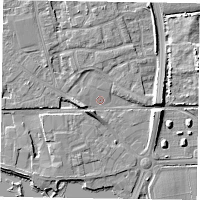 Shaded relief map of the ground around PO197DF, computed from Environment Agency LiDAR. The ground here sits at about 13 m above sea level and falls 10 m across the surrounding 800 m. Surface water reaching this point runs off ground lying to the east-north-east, 7.3 m higher.
