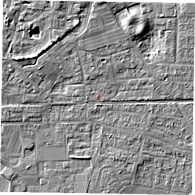 Shaded relief map of the ground around PO197DH, computed from Environment Agency LiDAR. The ground here sits at about 12 m above sea level and falls 8 m across the surrounding 800 m. Surface water reaching this point runs off ground lying to the north-north-east, 4.1 m higher.