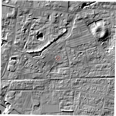 Shaded relief map of the ground around PO197DL, computed from Environment Agency LiDAR. The ground here sits at about 12 m above sea level and falls 11 m across the surrounding 800 m. Surface water reaching this point runs off ground lying to the north-north-east, 1.1 m higher.
