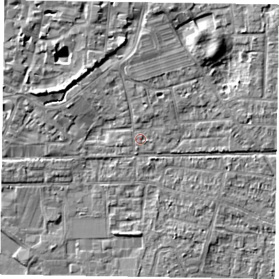 Shaded relief map of the ground around PO197DR, computed from Environment Agency LiDAR. The ground here sits at about 12 m above sea level and falls 8 m across the surrounding 800 m. Surface water reaching this point runs off ground lying to the north-north-east, 1.2 m higher.