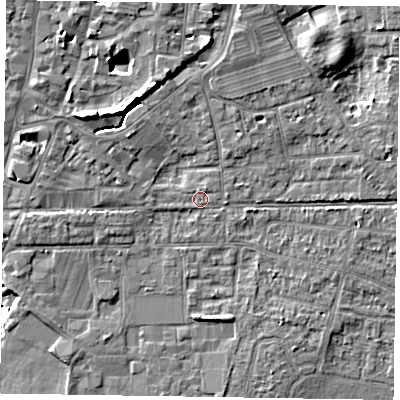 Shaded relief map of the ground around PO197DT, computed from Environment Agency LiDAR. The ground here sits at about 11 m above sea level and falls 11 m across the surrounding 800 m. Surface water reaching this point runs off ground lying to the north-east, 4.1 m higher.