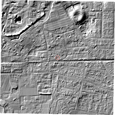Shaded relief map of the ground around PO197DU, computed from Environment Agency LiDAR. The ground here sits at about 12 m above sea level and falls 8 m across the surrounding 800 m. Surface water reaching this point runs off ground lying to the north-north-east, 4.1 m higher.