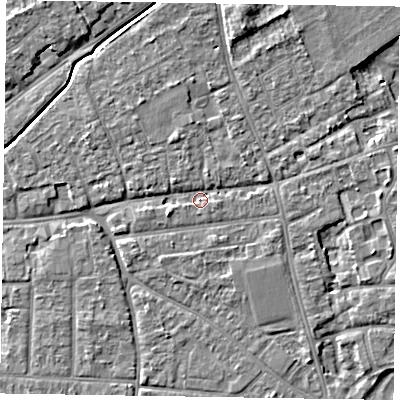 Shaded relief map of the ground around PO197EJ, computed from Environment Agency LiDAR. The ground here sits at about 15 m above sea level and falls 6 m across the surrounding 800 m. Surface water reaching this point runs off ground lying to the north-north-east, 4.9 m higher.