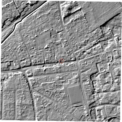 Shaded relief map of the ground around PO197EN, computed from Environment Agency LiDAR. The ground here sits at about 15 m above sea level and falls 6 m across the surrounding 800 m. Surface water reaching this point runs off ground lying to the north-north-east, 3.7 m higher.
