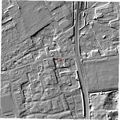 Shaded relief map of the ground around PO197ER, computed from Environment Agency LiDAR. The ground here sits at about 15 m above sea level and falls 7 m across the surrounding 800 m. Surface water reaching this point runs off ground lying to the south-south-west, 3.8 m higher.