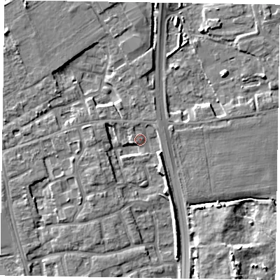 Shaded relief map of the ground around PO197ET, computed from Environment Agency LiDAR. The ground here sits at about 15 m above sea level and falls 8 m across the surrounding 800 m. Surface water reaching this point runs off ground lying to the south-east, 4.6 m higher.