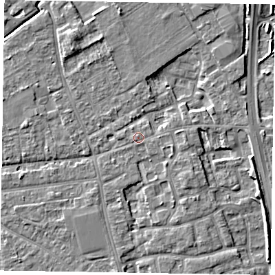 Shaded relief map of the ground around PO197EW, computed from Environment Agency LiDAR. The ground here sits at about 16 m above sea level and falls 6 m across the surrounding 800 m. Surface water reaching this point runs off ground lying to the east-south-east, 0.6 m higher.