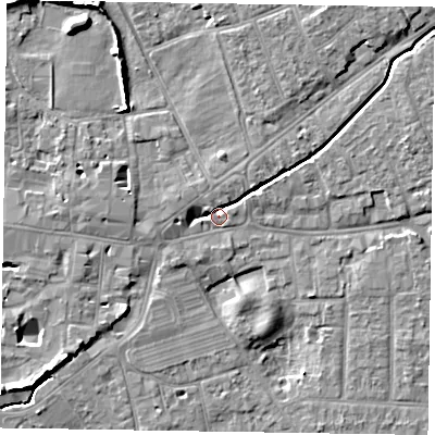 Shaded relief map of the ground around PO197GT, computed from Environment Agency LiDAR. The ground here sits at about 14 m above sea level and falls 8 m across the surrounding 800 m. Surface water reaching this point runs off ground lying to the east-north-east, 4.2 m higher.
