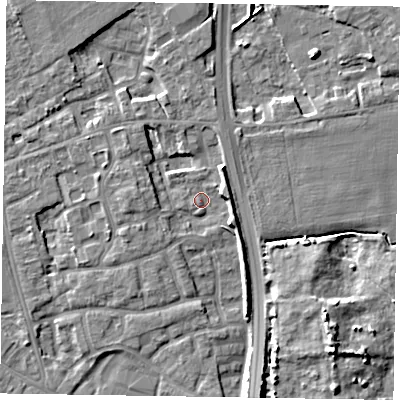 Shaded relief map of the ground around PO197HG, computed from Environment Agency LiDAR. The ground here sits at about 14 m above sea level and falls 8 m across the surrounding 800 m. Surface water reaching this point runs off ground lying to the north-east, 4.6 m higher.