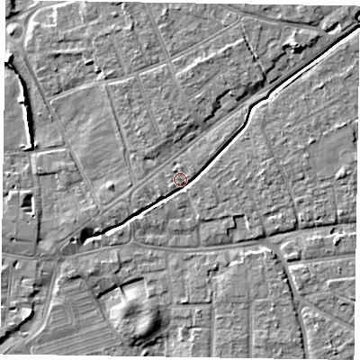 Shaded relief map of the ground around PO197HJ, computed from Environment Agency LiDAR. The ground here sits at about 14 m above sea level and falls 8 m across the surrounding 800 m. Surface water reaching this point runs off ground lying to the north-east, 6.2 m higher.