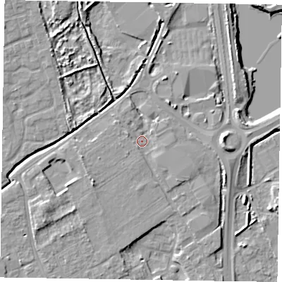 Shaded relief map of the ground around PO197HN, computed from Environment Agency LiDAR. The ground here sits at about 17 m above sea level and falls 9 m across the surrounding 800 m. Surface water reaching this point runs off ground lying to the west-north-west, 1.7 m higher.