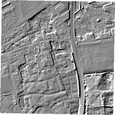 Shaded relief map of the ground around PO197HQ, computed from Environment Agency LiDAR. The ground here sits at about 14 m above sea level and falls 8 m across the surrounding 800 m. Surface water reaching this point runs off ground lying to the east-north-east, 4.6 m higher.