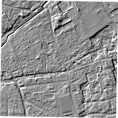 Shaded relief map of the ground around PO197HS, computed from Environment Agency LiDAR. The ground here sits at about 16 m above sea level and falls 6 m across the surrounding 800 m. Surface water reaching this point runs off ground lying to the north-north-west, 0.9 m higher.
