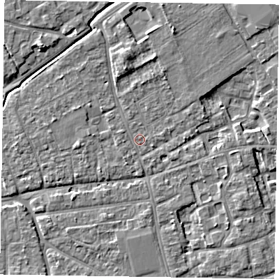 Shaded relief map of the ground around PO197HU, computed from Environment Agency LiDAR. The ground here sits at about 16 m above sea level and falls 6 m across the surrounding 800 m. Surface water reaching this point runs off ground lying to the north-north-east, 3.1 m higher.