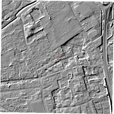 Shaded relief map of the ground around PO197HY, computed from Environment Agency LiDAR. The ground here sits at about 16 m above sea level and falls 7 m across the surrounding 800 m. Surface water reaching this point runs off ground lying to the north-east, 1.0 m higher.