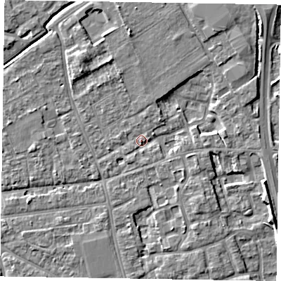 Shaded relief map of the ground around PO197HZ, computed from Environment Agency LiDAR. The ground here sits at about 16 m above sea level and falls 6 m across the surrounding 800 m. Surface water reaching this point runs off ground lying to the north-north-east, 4.8 m higher.