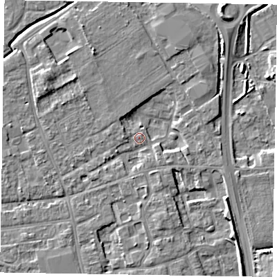 Shaded relief map of the ground around PO197JA, computed from Environment Agency LiDAR. The ground here sits at about 15 m above sea level and falls 7 m across the surrounding 800 m. Surface water reaching this point runs off ground lying to the north-north-east, 4.8 m higher.