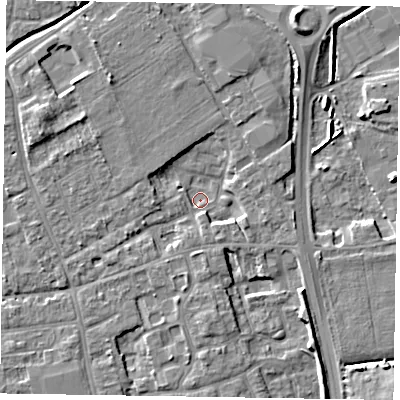 Shaded relief map of the ground around PO197JD, computed from Environment Agency LiDAR. The ground here sits at about 14 m above sea level and falls 7 m across the surrounding 800 m. Surface water reaching this point runs off ground lying to the north-north-east, 4.8 m higher.