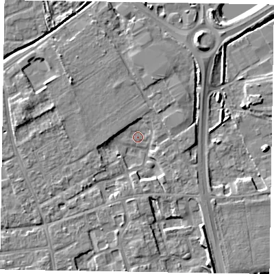 Shaded relief map of the ground around PO197JE, computed from Environment Agency LiDAR. The ground here sits at about 15 m above sea level and falls 7 m across the surrounding 800 m. Surface water reaching this point runs off ground lying to the north-north-east, 4.8 m higher.