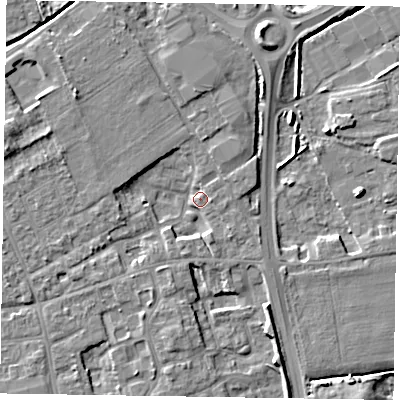 Shaded relief map of the ground around PO197JF, computed from Environment Agency LiDAR. The ground here sits at about 16 m above sea level and falls 8 m across the surrounding 800 m. Surface water reaching this point runs off ground lying to the north, 4.8 m higher.