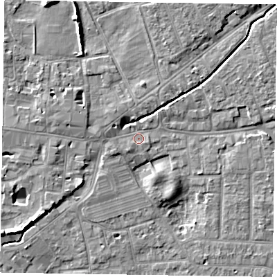 Shaded relief map of the ground around PO197JG, computed from Environment Agency LiDAR. The ground here sits at about 13 m above sea level and falls 8 m across the surrounding 800 m. Surface water reaching this point runs off ground lying to the east-north-east, 4.2 m higher.