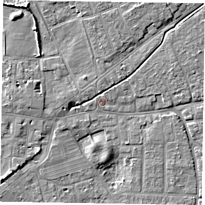 Shaded relief map of the ground around PO197JH, computed from Environment Agency LiDAR. The ground here sits at about 14 m above sea level and falls 8 m across the surrounding 800 m. Surface water reaching this point runs off ground lying to the north-north-east, 1.2 m higher.