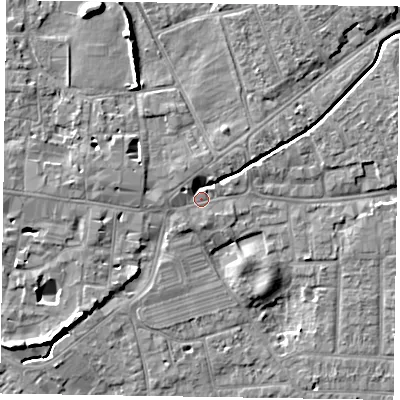Shaded relief map of the ground around PO197JL, computed from Environment Agency LiDAR. The ground here sits at about 13 m above sea level and falls 8 m across the surrounding 800 m. Surface water reaching this point runs off ground lying to the north, 3.1 m higher.