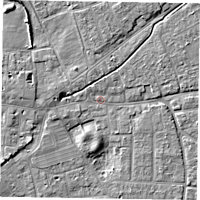 Shaded relief map of the ground around PO197JP, computed from Environment Agency LiDAR. The ground here sits at about 13 m above sea level and falls 8 m across the surrounding 800 m. Surface water reaching this point runs off ground lying to the north-east, 5.2 m higher.