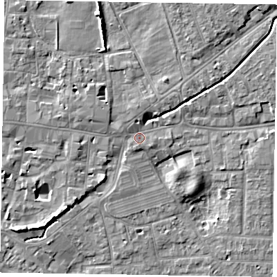 Shaded relief map of the ground around PO197JQ, computed from Environment Agency LiDAR. The ground here sits at about 13 m above sea level and falls 7 m across the surrounding 800 m. Surface water reaching this point runs off ground lying to the north-north-east, 1.9 m higher.