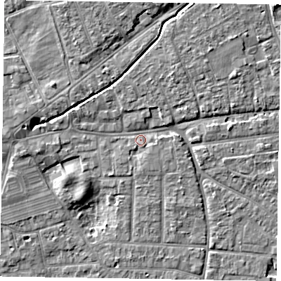 Shaded relief map of the ground around PO197JR, computed from Environment Agency LiDAR. The ground here sits at about 14 m above sea level and falls 7 m across the surrounding 800 m. Surface water reaching this point runs off ground lying to the north-east, 4.0 m higher.