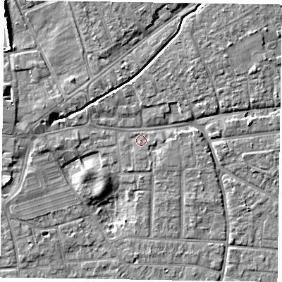 Shaded relief map of the ground around PO197JX, computed from Environment Agency LiDAR. The ground here sits at about 13 m above sea level and falls 7 m across the surrounding 800 m. Surface water reaching this point runs off ground lying to the north-east, 4.0 m higher.