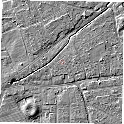 Shaded relief map of the ground around PO197LG, computed from Environment Agency LiDAR. The ground here sits at about 15 m above sea level and falls 8 m across the surrounding 800 m. Surface water reaching this point runs off ground lying to the north-east, 1.2 m higher.