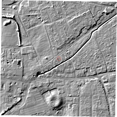Shaded relief map of the ground around PO197LH, computed from Environment Agency LiDAR. The ground here sits at about 14 m above sea level and falls 9 m across the surrounding 800 m. Surface water reaching this point runs off ground lying to the north-east, 4.7 m higher.