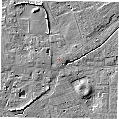 Shaded relief map of the ground around PO197LJ, computed from Environment Agency LiDAR. The ground here sits at about 14 m above sea level and falls 8 m across the surrounding 800 m. Surface water reaching this point runs off ground lying to the west-north-west, 1.4 m higher.